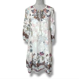 Reba Floral Boho Dress Size S Sheer Chiffon with Mini Slip Tassel Tie V-Neck